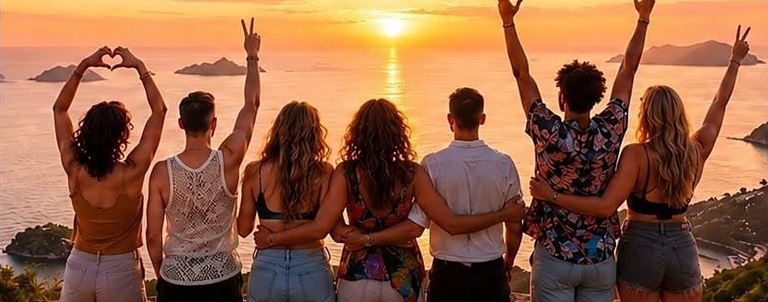 A group of friends with their arms raised, watching the sunset together