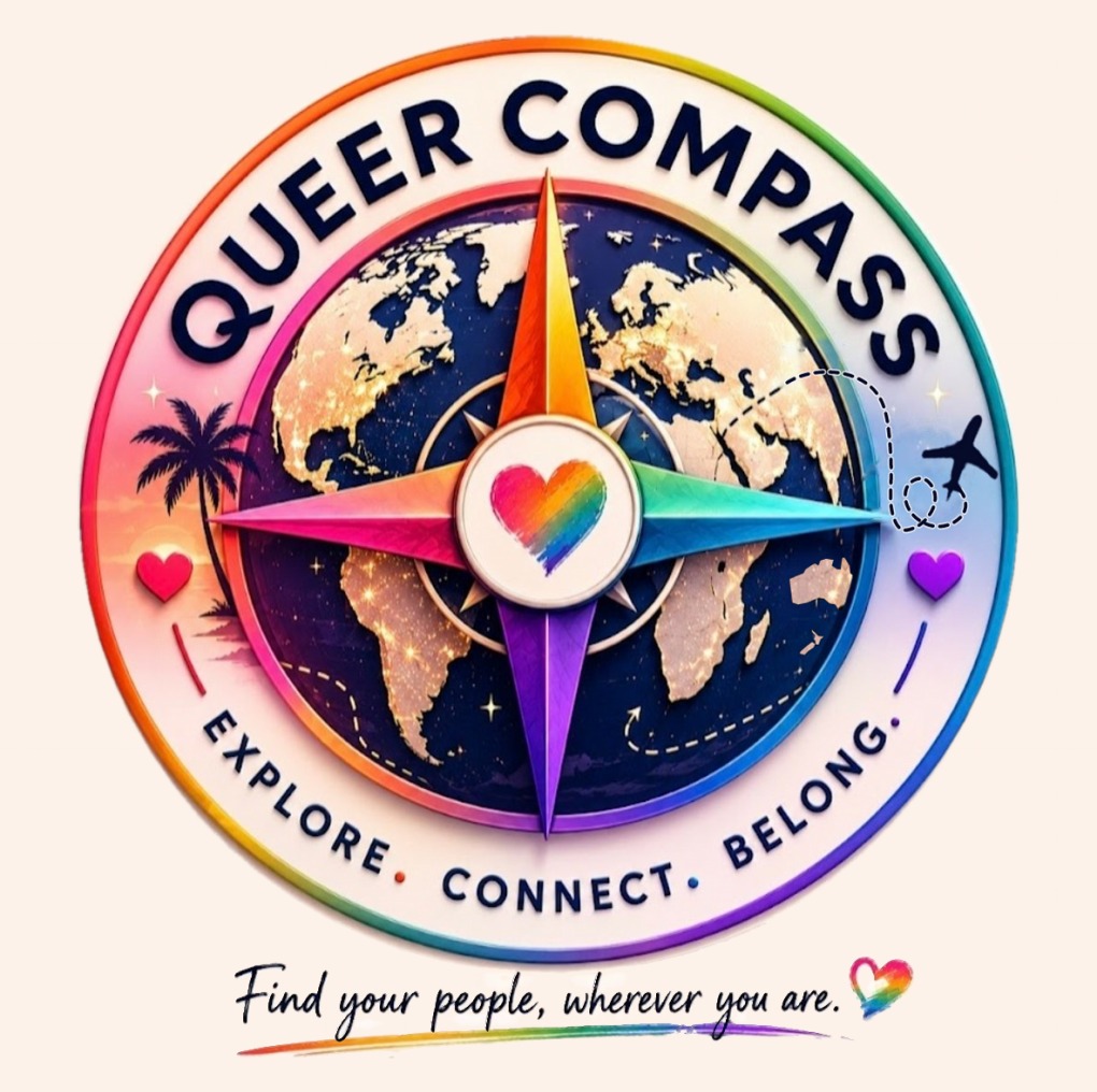 Queer Compass logo — a compass over the globe with a rainbow heart